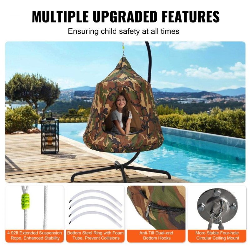 Patio Furniture & Accessories | Hanging Tree Tent, 330 LBS Capacity Hanging Tent Swing for Indoor and Outdoor Hammock Sensory Swing Chair w/LED Lights String, Inflatable Base, Ceiling Swing Pod Play Tent for Kids & Adults Camouflage Lawn & Garden Camouflage