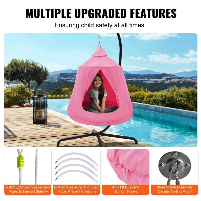 Patio Furniture & Accessories | Hanging Tree Tent, 330 LBS Capacity Hanging Tent Swing for Indoor and Outdoor Hammock Sensory Swing Chair w/LED Lights String, Inflatable Base, Ceiling Swing Pod Play Tent for Kids & Adults Pink Lawn & Garden Patio Furniture & Accessories