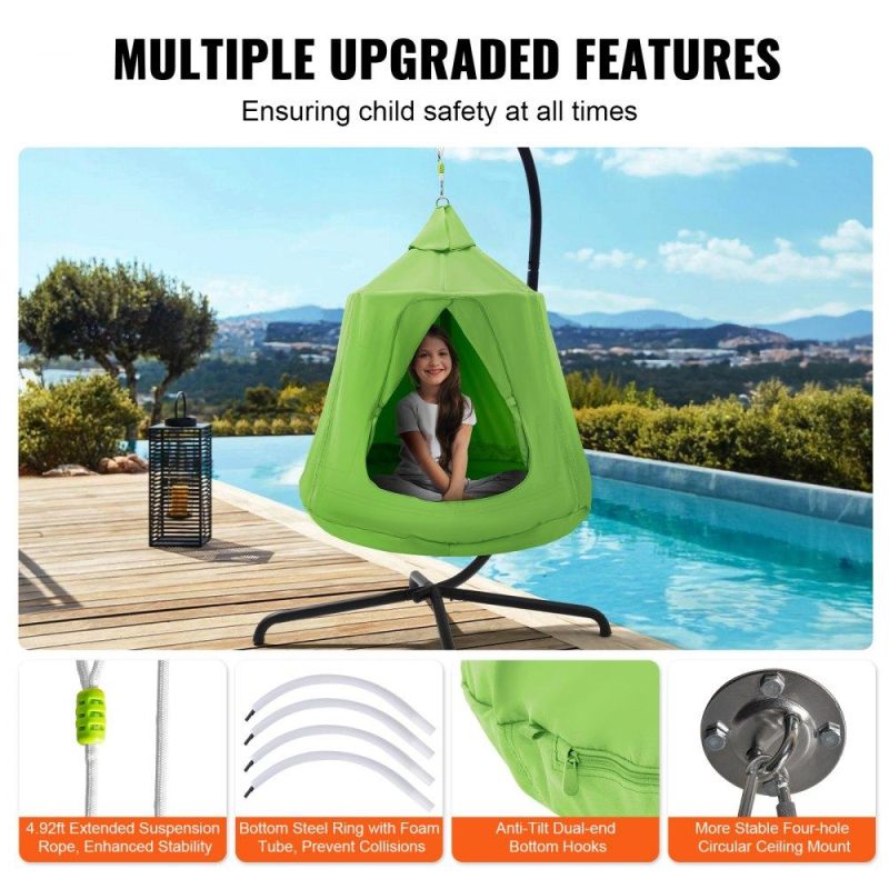 Patio Furniture & Accessories | Hanging Tree Tent, 330 LBS Capacity Hanging Tent Swing for Indoor and Outdoor Hammock Sensory Swing Chair w/LED Lights String, Inflatable Base, Ceiling Swing Pod Play Tent for Kids & Adults Green Lawn & Garden Green