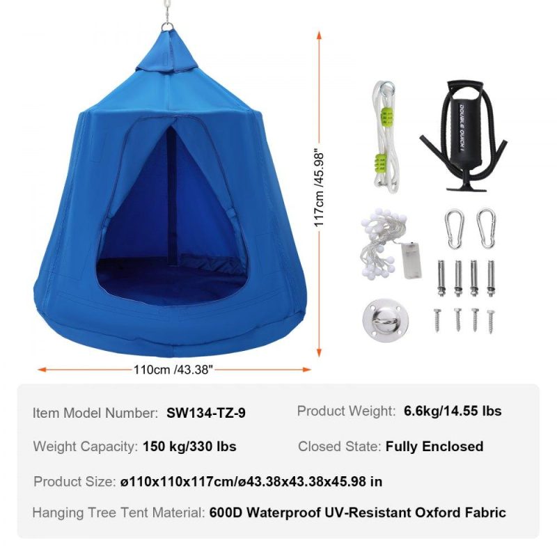 Patio Furniture & Accessories | Hanging Tree Tent, 330 LBS Capacity Hanging Tent Swing for Indoor and Outdoor Hammock Sensory Swing Chair w/LED Lights String, Inflatable Base, Ceiling Swing Pod Play Tent for Kids & Adults Blue Lawn & Garden Blue