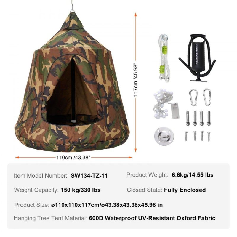 Patio Furniture & Accessories | Hanging Tree Tent, 330 LBS Capacity Hanging Tent Swing for Indoor and Outdoor Hammock Sensory Swing Chair w/LED Lights String, Inflatable Base, Ceiling Swing Pod Play Tent for Kids & Adults Camouflage Lawn & Garden Camouflage