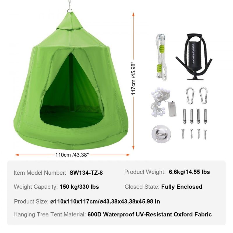 Patio Furniture & Accessories | Hanging Tree Tent, 330 LBS Capacity Hanging Tent Swing for Indoor and Outdoor Hammock Sensory Swing Chair w/LED Lights String, Inflatable Base, Ceiling Swing Pod Play Tent for Kids & Adults Green Lawn & Garden Green