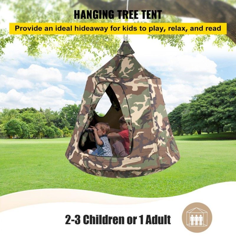 Patio Furniture & Accessories | Hanging Tree Tent, Max. 440 LBS Capacity Tree Tent Swing, Hangout Hugglepod with LED Rainbow Decoration Lights Inflatable Cushion, Ceiling Hammock Tent Suit for Kids & Adult Indoor Outdoor Camouflage Lawn & Garden Camouflage