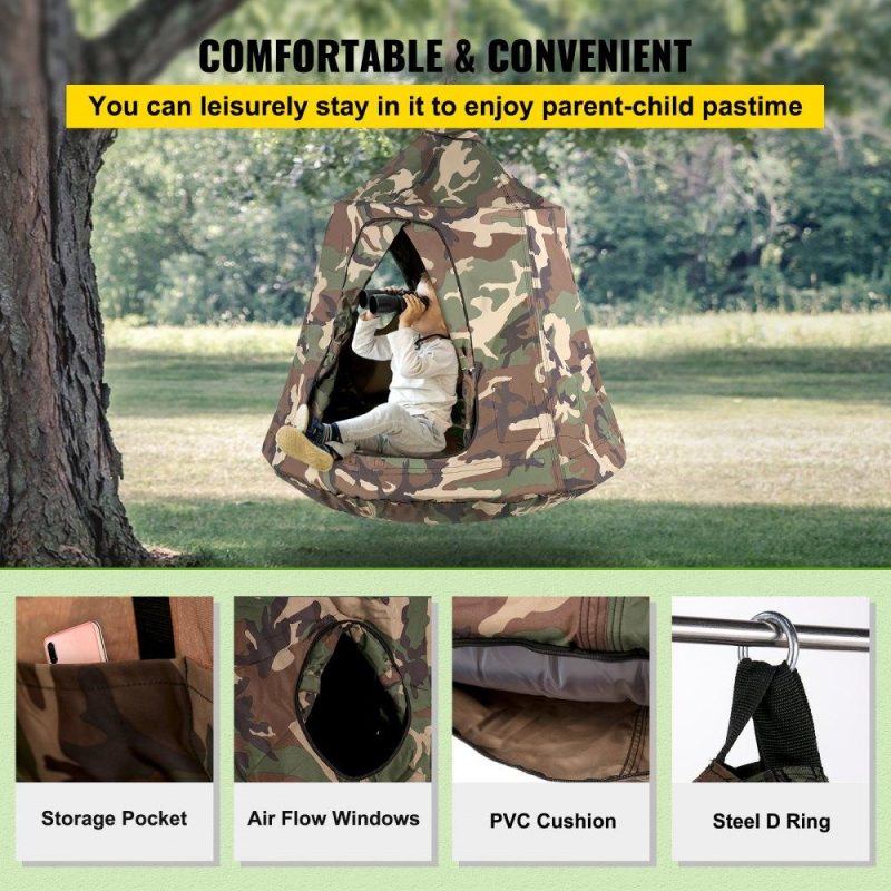 Patio Furniture & Accessories | Hanging Tree Tent, Max. 440 LBS Capacity Tree Tent Swing, Hangout Hugglepod with LED Rainbow Decoration Lights Inflatable Cushion, Ceiling Hammock Tent Suit for Kids & Adult Indoor Outdoor Camouflage Lawn & Garden Camouflage