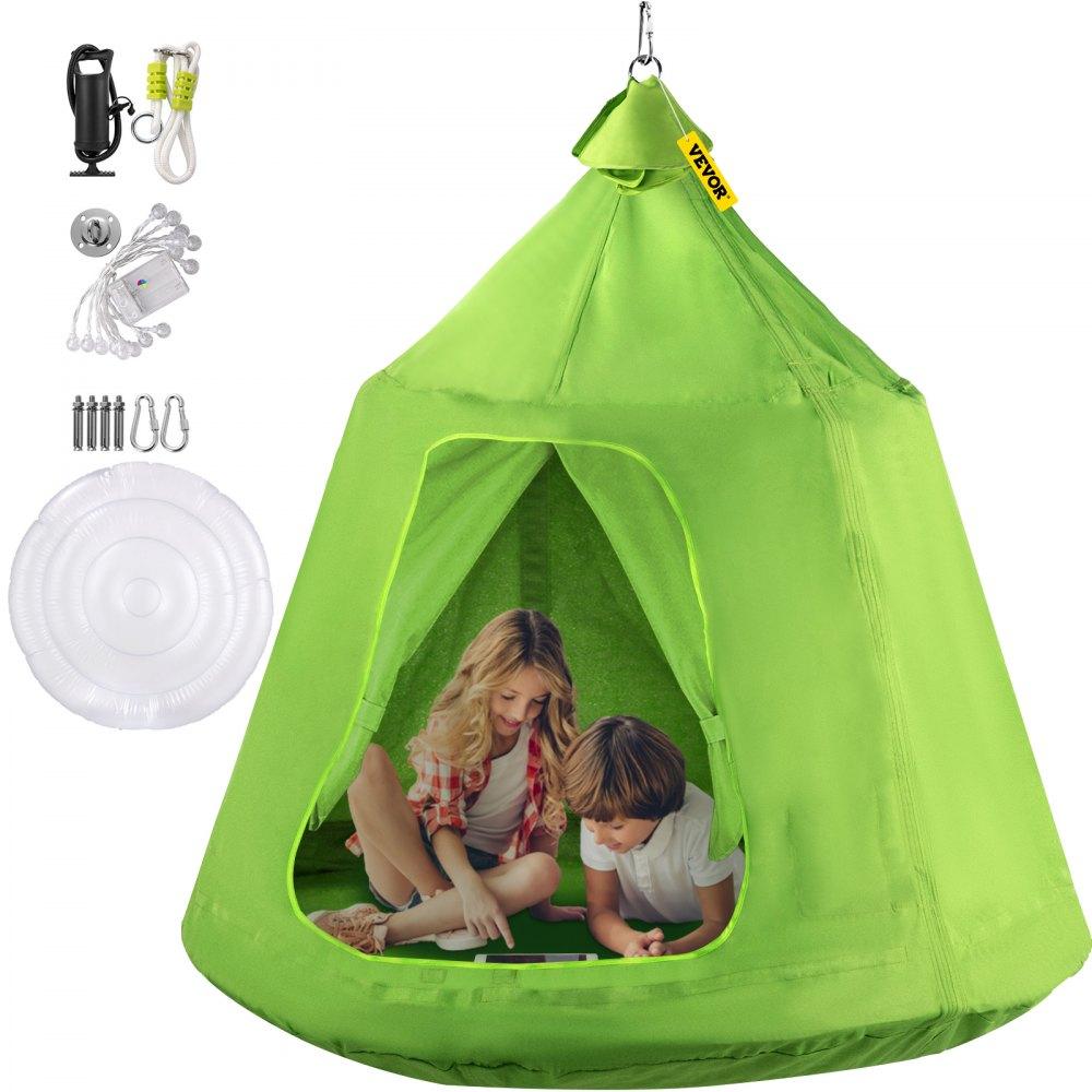 Patio Furniture & Accessories | Hanging Tree Tent, Max.440lbs Capacity Tree Tent Swing, Hangout Hugglepod with LED Rainbow Decoration Light Inflatable Cushion, Ceiling Hammock Tent Suit for Kids & Adult Indoor Outdoor Green Green Lawn & Garden Green