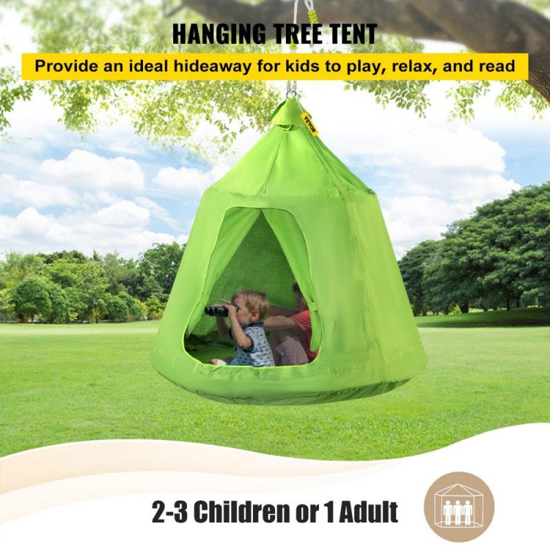 Patio Furniture & Accessories | Hanging Tree Tent, Max.440lbs Capacity Tree Tent Swing, Hangout Hugglepod with LED Rainbow Decoration Light Inflatable Cushion, Ceiling Hammock Tent Suit for Kids & Adult Indoor Outdoor Green Green Lawn & Garden Green