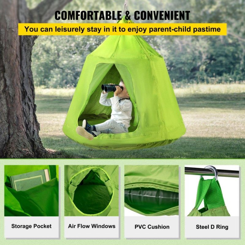 Patio Furniture & Accessories | Hanging Tree Tent, Max.440lbs Capacity Tree Tent Swing, Hangout Hugglepod with LED Rainbow Decoration Light Inflatable Cushion, Ceiling Hammock Tent Suit for Kids & Adult Indoor Outdoor Green Green Lawn & Garden Green