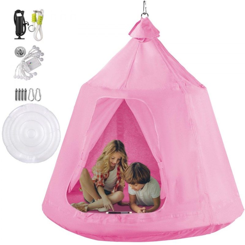 Patio Furniture & Accessories | Hanging Tree Tent, Max. 440lbs Capacity Tree Tent Swing, Hangout Hugglepod with LED Rainbow Decoration Lights Inflatable Cushion, Ceiling Hammock Tent Suit for Kids & Adult Indoor Outdoor Pink Pink Lawn & Garden Patio Furniture & Accessories