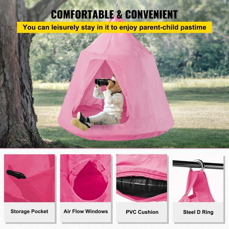 Patio Furniture & Accessories | Hanging Tree Tent, Max. 440lbs Capacity Tree Tent Swing, Hangout Hugglepod with LED Rainbow Decoration Lights Inflatable Cushion, Ceiling Hammock Tent Suit for Kids & Adult Indoor Outdoor Pink Pink Lawn & Garden Patio Furniture & Accessories