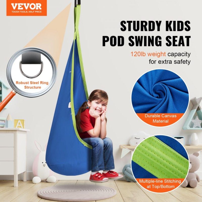 Patio Furniture & Accessories | Kids Pod Swing Seat, Hanging Hammock Chair with LED Lights Strings, Inflatable Cushion, Sensory Pod Swing Chair for Kids Indoor and Outdoor Hanging Chair, 100% Cotton Loading Capacity 120 lbs Blue Lawn & Garden Blue