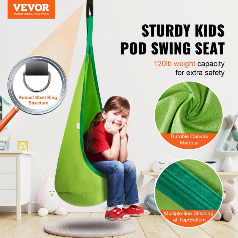 Patio Furniture & Accessories | Kids Pod Swing Seat, Hanging Hammock Chair with LED Lights Strings, Inflatable Cushion, Sensory Pod Swing Chair for Kids Indoor and Outdoor Hanging Chair, 100% Cotton Loading Capacity 120 lbs Green Lawn & Garden Green