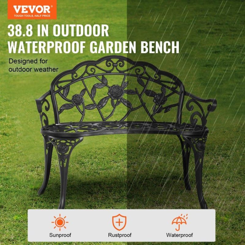 Patio Furniture & Accessories | Outdoor Bench, 38.8 inches Metal Garden Bench for Outdoors,480 lbs Load Capacity Bench, Outdoor Garden Park Bench with Backrest and Armrests, Patio Bench for Garden, Park, Yard, Front Porch Lawn & Garden Patio Furniture & Accessories