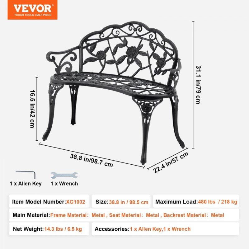 Patio Furniture & Accessories | Outdoor Bench, 38.8 inches Metal Garden Bench for Outdoors,480 lbs Load Capacity Bench, Outdoor Garden Park Bench with Backrest and Armrests, Patio Bench for Garden, Park, Yard, Front Porch Lawn & Garden Patio Furniture & Accessories