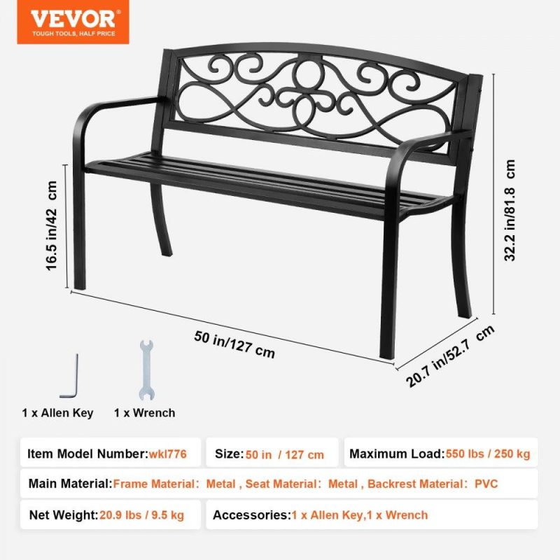 Patio Furniture & Accessories | Outdoor Bench, 50 inches Metal Garden Bench for Outdoors, 550 lbs Load Capacity Bench, Outdoor Garden Park Bench with Backrest and Armrests, Patio Bench for Garden, Park, Yard, Front Porch Lawn & Garden Patio Furniture & Accessories