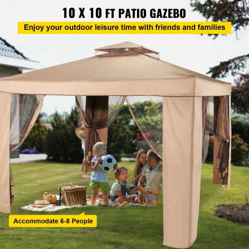 Patio Furniture & Accessories | Outdoor Canopy Gazebo Tent, Portable Canopy Shelter with 10’x10′ Large Shade Space for Party, Backyard, Patio Lawn and Garden, 4 Sandbags, and Netting Included, Brown Lawn & Garden Patio Furniture & Accessories