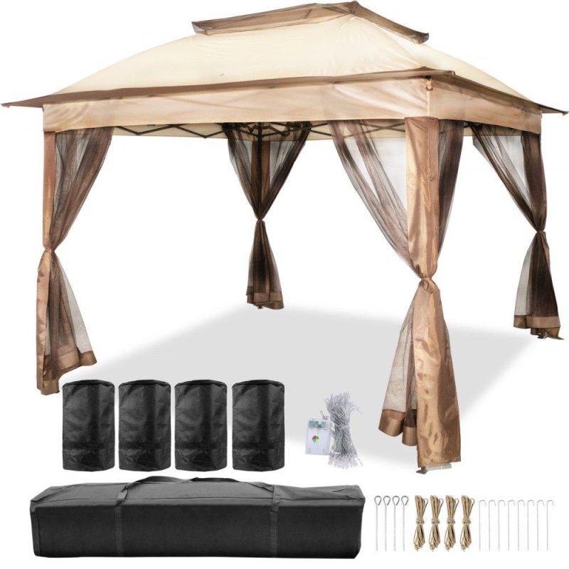 Patio Furniture & Accessories | Outdoor Canopy Gazebo Tent, Portable Canopy Shelter with 11’x11′ Large Shade Space for Party, Backyard, Patio Lawn and Garden, 4 Sandbags, Carrying Bag and Netting Included, Brown Lawn & Garden Patio Furniture & Accessories