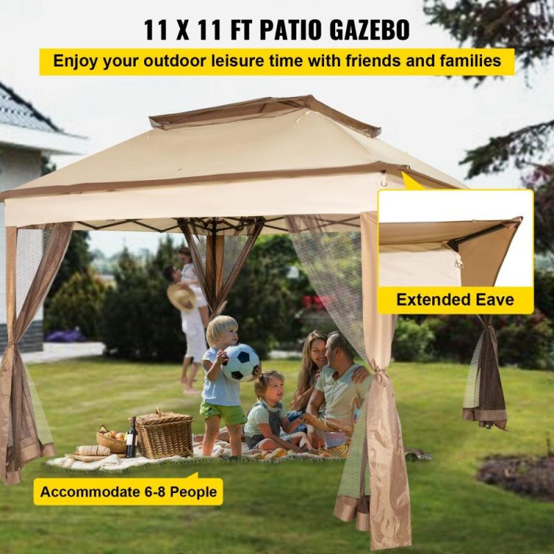 Patio Furniture & Accessories | Outdoor Canopy Gazebo Tent, Portable Canopy Shelter with 11’x11′ Large Shade Space for Party, Backyard, Patio Lawn and Garden, 4 Sandbags, Carrying Bag and Netting Included, Brown Lawn & Garden Patio Furniture & Accessories