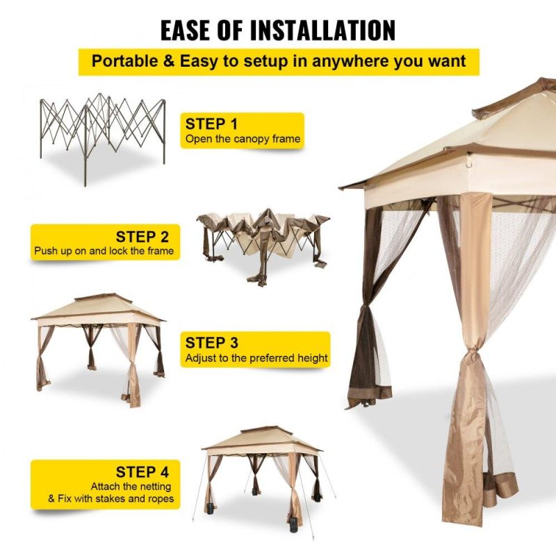 Patio Furniture & Accessories | Outdoor Canopy Gazebo Tent, Portable Canopy Shelter with 11’x11′ Large Shade Space for Party, Backyard, Patio Lawn and Garden, 4 Sandbags, Carrying Bag and Netting Included, Brown Lawn & Garden Patio Furniture & Accessories