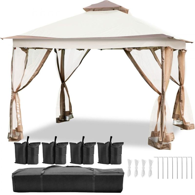 Patio Furniture & Accessories | Outdoor Canopy Gazebo Tent, Portable Canopy Shelter with 12’x12′ Large Shade Tents for Parties, Backyard, Patio Lawn and Garden, 4 Sandbags, Carrying Bag and Netting Included, Brown Lawn & Garden Patio Furniture & Accessories