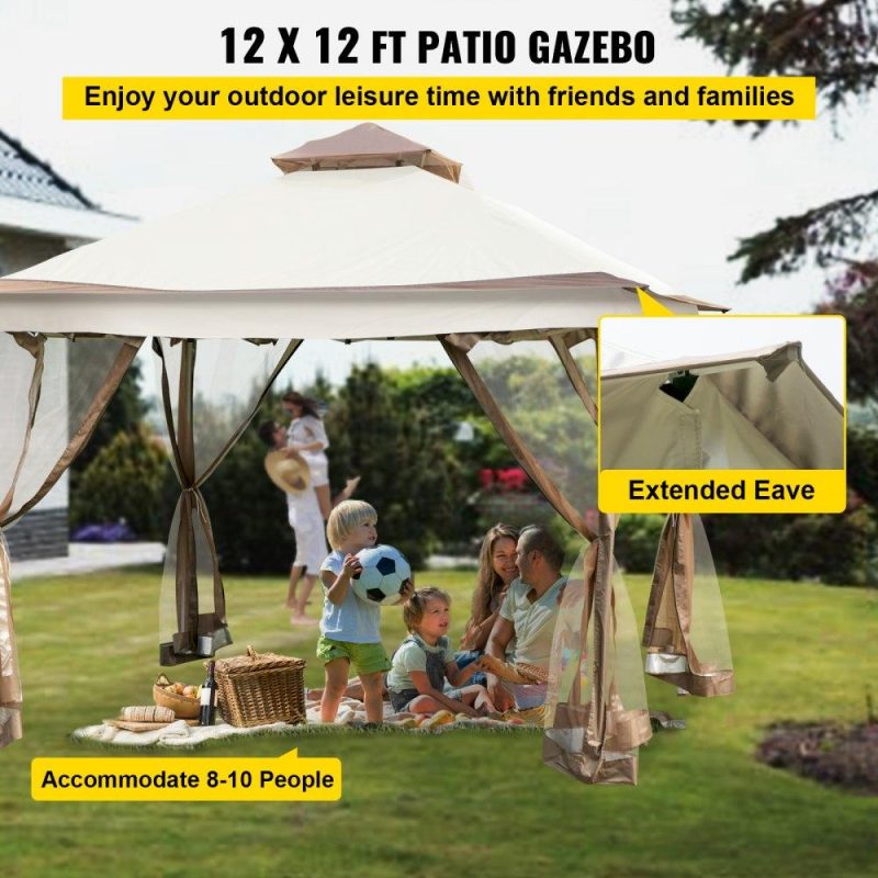 Patio Furniture & Accessories | Outdoor Canopy Gazebo Tent, Portable Canopy Shelter with 12’x12′ Large Shade Tents for Parties, Backyard, Patio Lawn and Garden, 4 Sandbags, Carrying Bag and Netting Included, Brown Lawn & Garden Patio Furniture & Accessories