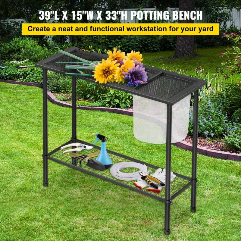 Patio Furniture & Accessories | Potting Bench, 39″ L x 15″ W x 33″ H, Steel Outdoor Workstation with Rubber Feet & Mesh Bag, Multi-use Double Layers Gardening Table for Greenhouse, Patio, Porch, Backyard, Black Lawn & Garden Patio Furniture & Accessories