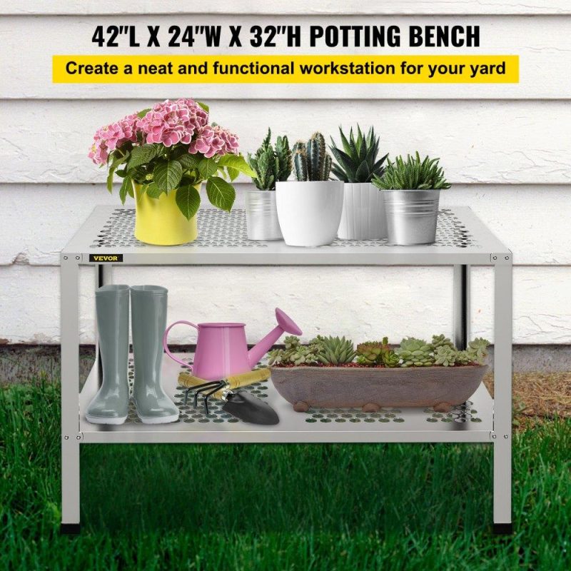 Patio Furniture & Accessories | Potting Bench, 42″ L x 24″ W x 32″ H, Aluminum Alloy Outdoor Workstation with Rubber Feet, Multi-use Double Layers Gardening Table for Greenhouse, Patio, Porch, Backyard, Silver Lawn & Garden Patio Furniture & Accessories