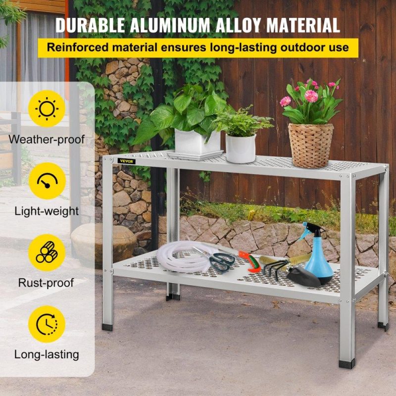 Patio Furniture & Accessories | Potting Bench, 42″ L x 24″ W x 32″ H, Aluminum Alloy Outdoor Workstation with Rubber Feet, Multi-use Double Layers Gardening Table for Greenhouse, Patio, Porch, Backyard, Silver Lawn & Garden Patio Furniture & Accessories