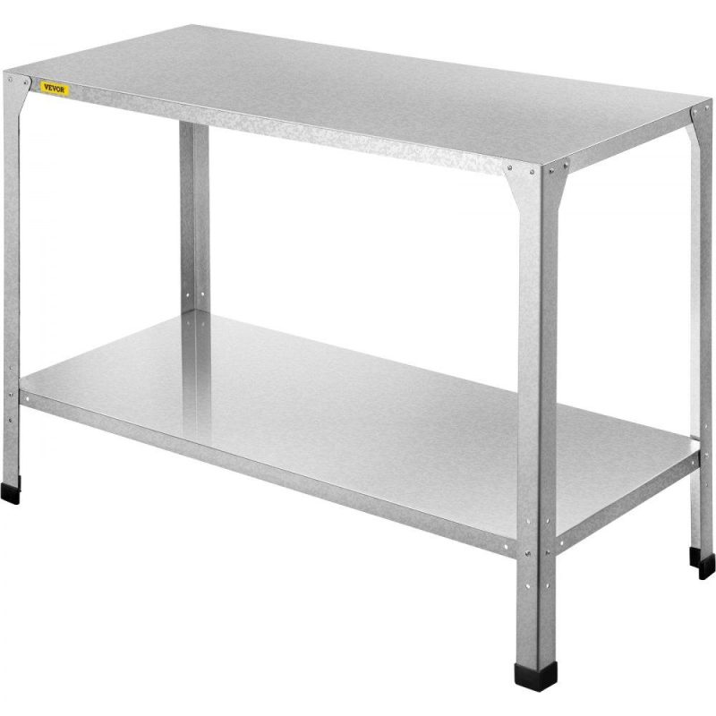 Patio Furniture & Accessories | Potting Bench, 46″ L x 20″ W x 32″ H, Galvanized Steel Outdoor Workstation with Rubber Feet, Multi-use Double Layers Gardening Table for Greenhouse, Patio, Porch, Backyard, Silver Lawn & Garden Patio Furniture & Accessories