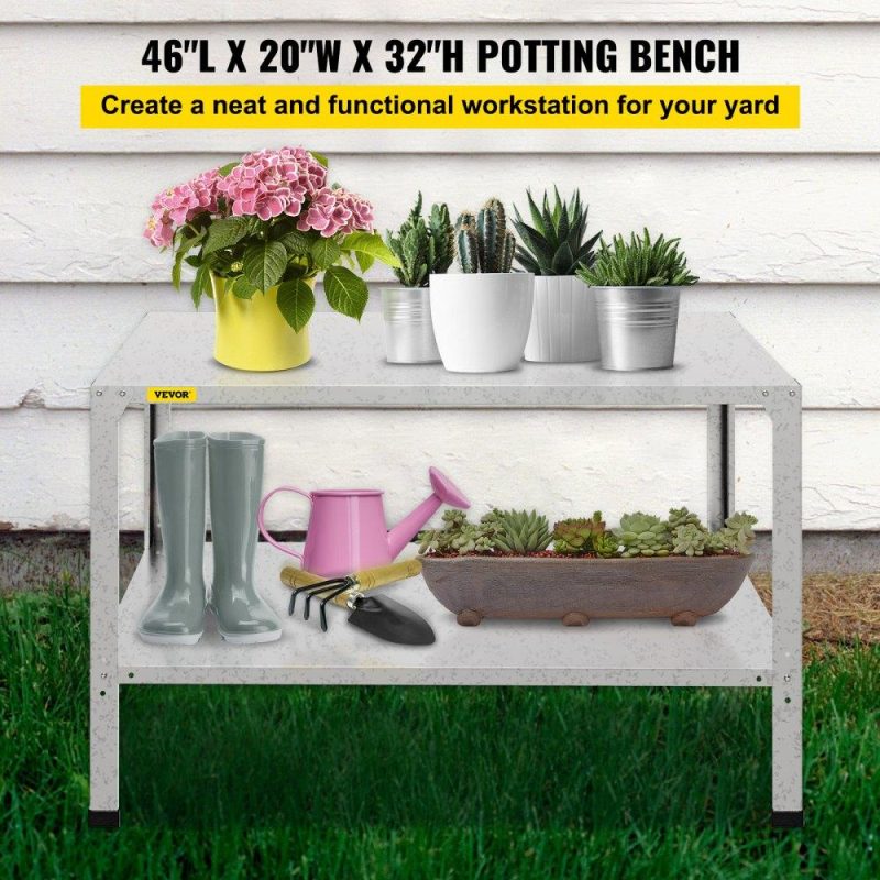 Patio Furniture & Accessories | Potting Bench, 46″ L x 20″ W x 32″ H, Galvanized Steel Outdoor Workstation with Rubber Feet, Multi-use Double Layers Gardening Table for Greenhouse, Patio, Porch, Backyard, Silver Lawn & Garden Patio Furniture & Accessories