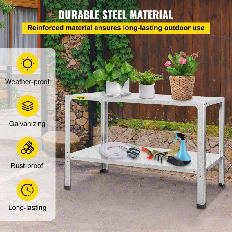 Patio Furniture & Accessories | Potting Bench, 46″ L x 20″ W x 32″ H, Galvanized Steel Outdoor Workstation with Rubber Feet, Multi-use Double Layers Gardening Table for Greenhouse, Patio, Porch, Backyard, Silver Lawn & Garden Patio Furniture & Accessories