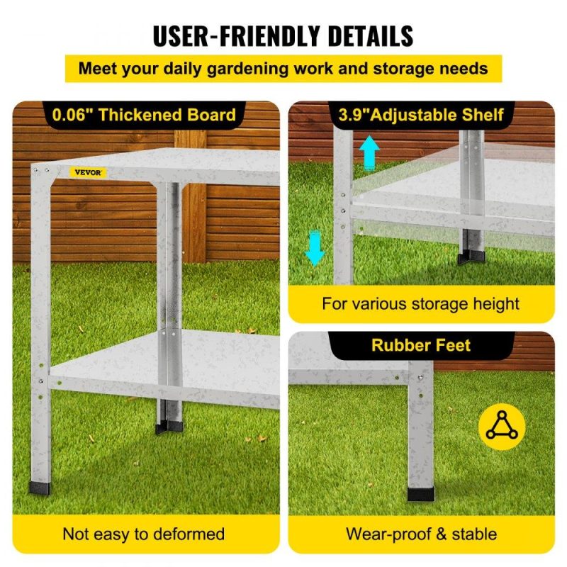 Patio Furniture & Accessories | Potting Bench, 46″ L x 20″ W x 32″ H, Galvanized Steel Outdoor Workstation with Rubber Feet, Multi-use Double Layers Gardening Table for Greenhouse, Patio, Porch, Backyard, Silver Lawn & Garden Patio Furniture & Accessories