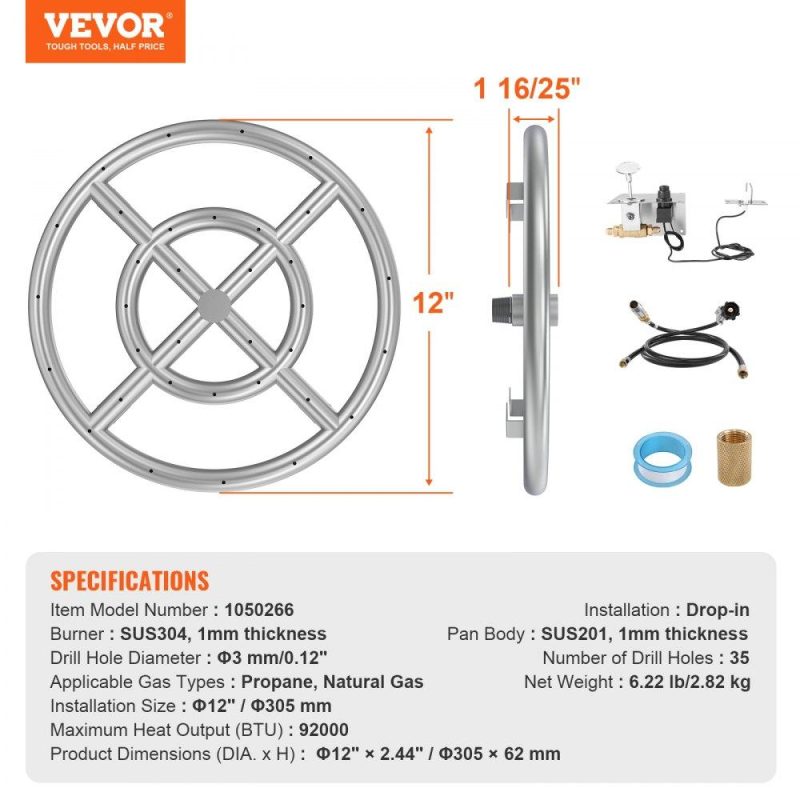 Patio Furniture & Accessories | Round Drop-in Fire Pit Pan 12 inch, Stainless Steel Fire Pit Burner Kit, Natural & Propane Gas Fire Pan with 92,000 BTU for Indoor or Outdoor Use Lawn & Garden Patio Furniture & Accessories