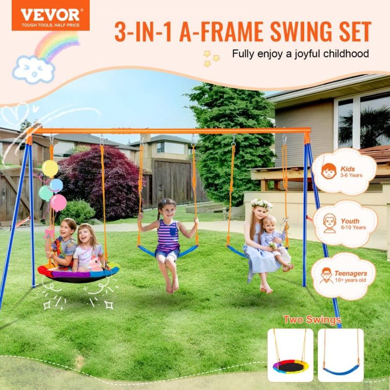 Patio Furniture & Accessories | Swing Sets for Backyard 1 Saucer 2 Belt Swing Seats A-Frame Metal Stand Lawn & Garden Patio Furniture & Accessories