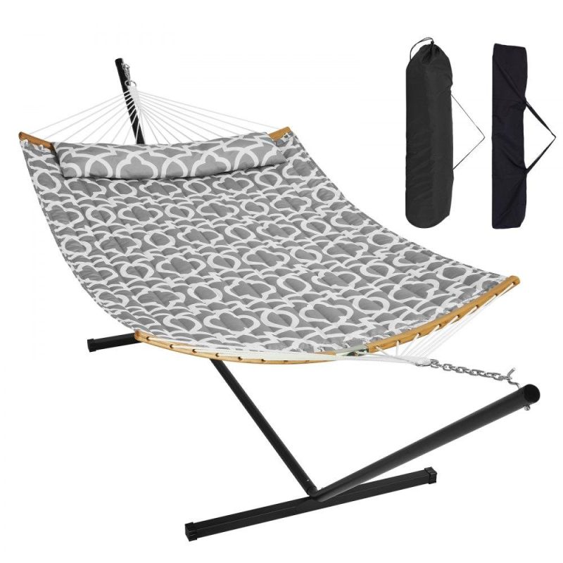 Patio Furniture & Accessories | Two Person Hammock with Stand Included, Double Hammock with Curved Spreader Bar and Detachable Pillow and Portable Carrying Bag, Perfect for Outdoor Freestanding Hammock, 480lb Capacity Grey White Lawn & Garden Grey White