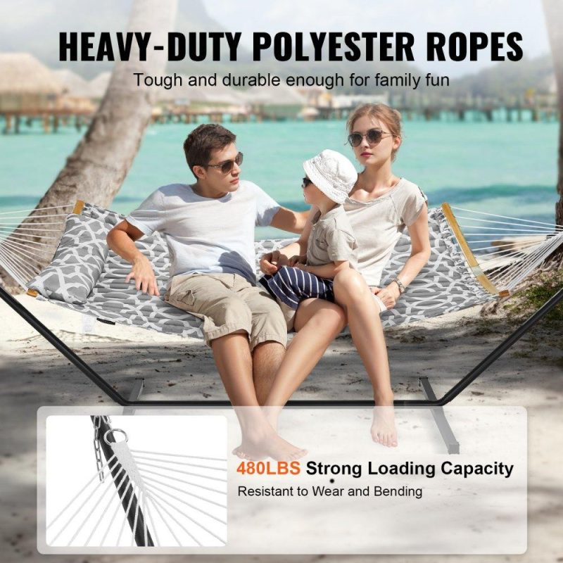 Patio Furniture & Accessories | Two Person Hammock with Stand Included, Double Hammock with Curved Spreader Bar and Detachable Pillow and Portable Carrying Bag, Perfect for Outdoor Freestanding Hammock, 480lb Capacity Grey White Lawn & Garden Grey White