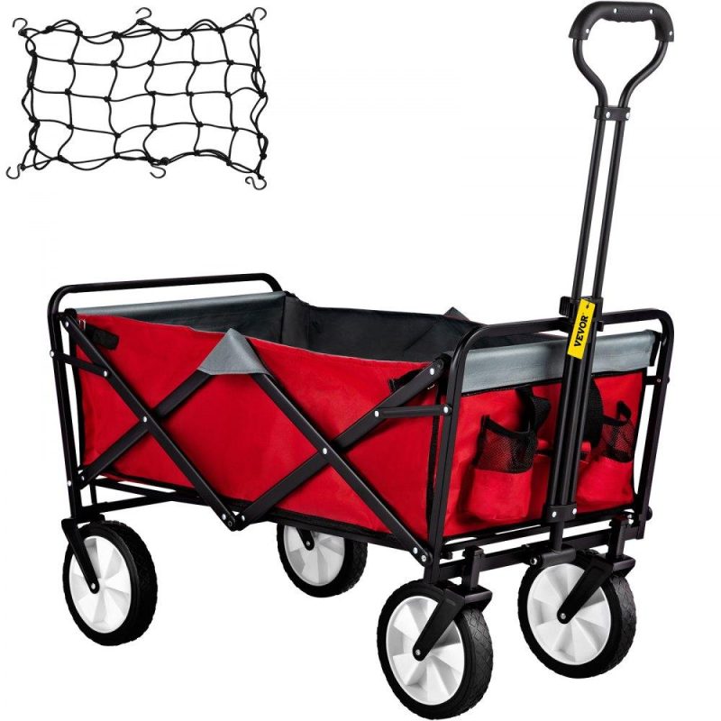 Patio Furniture & Accessories | Wagon Cart, Collapsible Folding Cart with 176lbs Load, Outdoor Utility Garden Cart, Adjustable Handle, Portable Foldable Wagons with Wheels for Beach, Camping, Grocery, Red/Gray Red Gray Lawn & Garden Patio Furniture & Accessories