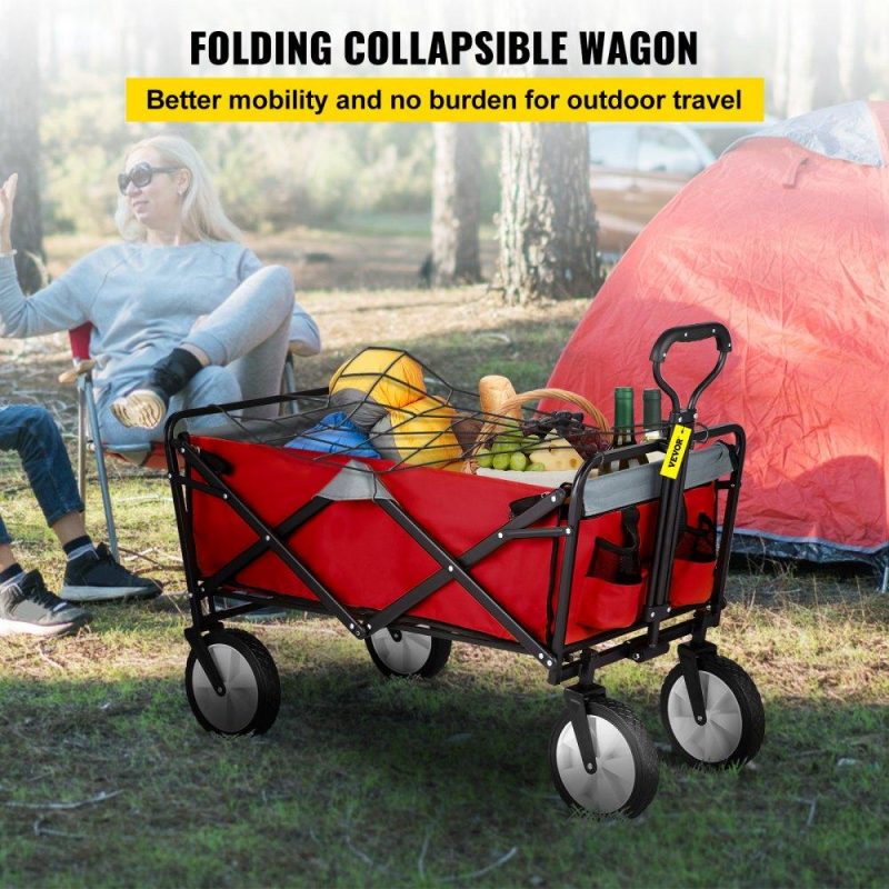 Patio Furniture & Accessories | Wagon Cart, Collapsible Folding Cart with 176lbs Load, Outdoor Utility Garden Cart, Adjustable Handle, Portable Foldable Wagons with Wheels for Beach, Camping, Grocery, Red/Gray Red Gray Lawn & Garden Patio Furniture & Accessories