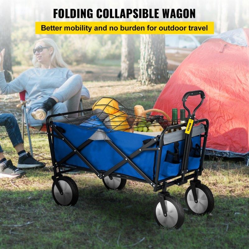 Patio Furniture & Accessories | Wagon Cart, Collapsible Folding Cart with 176lbs Load, Outdoor Utility Garden Cart, Adjustable Handle, Portable Foldable Wagons with Wheels for Beach, Camping, Grocery, Blue/Gray Blue Gray Lawn & Garden Blue Gray