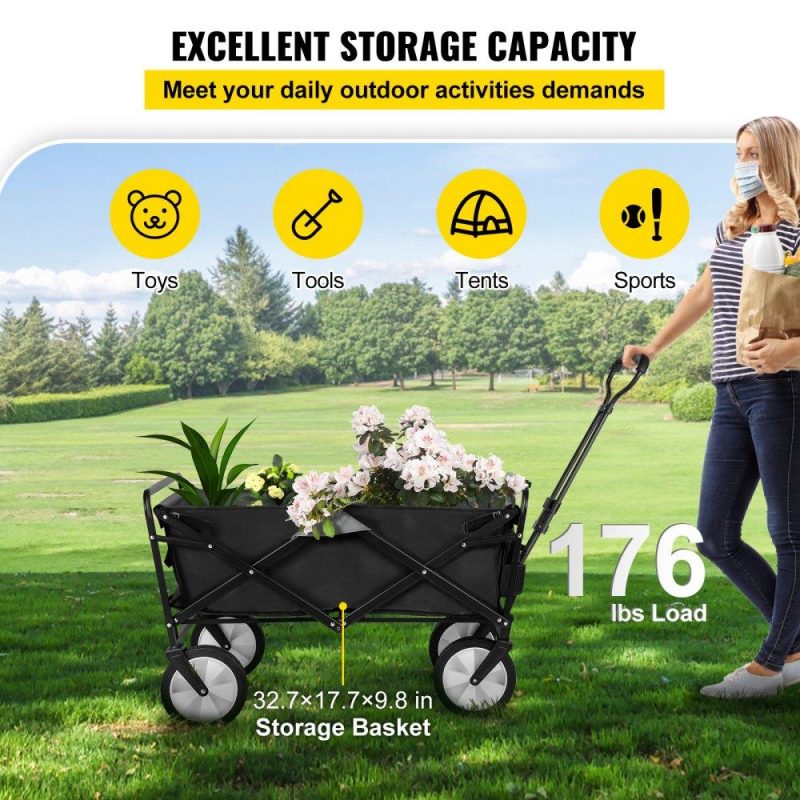 Patio Furniture & Accessories | Wagon Cart, Collapsible Folding Cart with 176lbs Load, Outdoor Utility Garden Cart, Adjustable Handle, Portable Foldable Wagons with Wheels for Beach, Camping, Grocery, Dark Grey Dark Grey Lawn & Garden Dark Grey