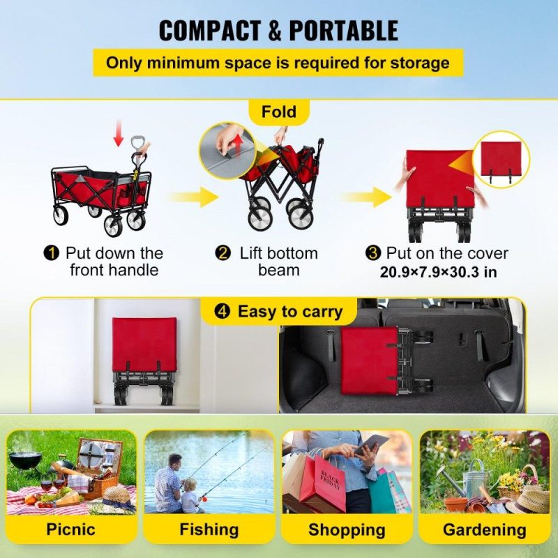 Patio Furniture & Accessories | Wagon Cart, Collapsible Folding Cart with 176lbs Load, Outdoor Utility Garden Cart, Adjustable Handle, Portable Foldable Wagons with Wheels for Beach, Camping, Grocery, Red/Gray Red Gray Lawn & Garden Patio Furniture & Accessories