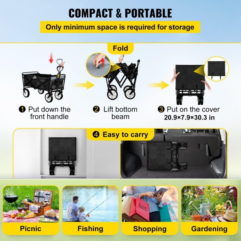 Patio Furniture & Accessories | Wagon Cart, Collapsible Folding Cart with 176lbs Load, Outdoor Utility Garden Cart, Adjustable Handle, Portable Foldable Wagons with Wheels for Beach, Camping, Grocery, Dark Grey Dark Grey Lawn & Garden Dark Grey