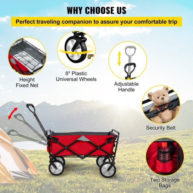 Patio Furniture & Accessories | Wagon Cart, Collapsible Folding Cart with 176lbs Load, Outdoor Utility Garden Cart, Adjustable Handle, Portable Foldable Wagons with Wheels for Beach, Camping, Grocery, Red/Gray Red Gray Lawn & Garden Patio Furniture & Accessories