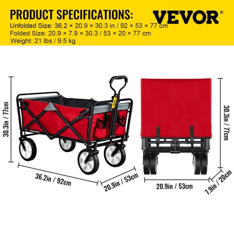 Patio Furniture & Accessories | Wagon Cart, Collapsible Folding Cart with 176lbs Load, Outdoor Utility Garden Cart, Adjustable Handle, Portable Foldable Wagons with Wheels for Beach, Camping, Grocery, Red/Gray Red Gray Lawn & Garden Patio Furniture & Accessories