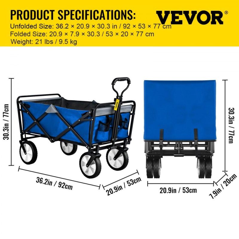 Patio Furniture & Accessories | Wagon Cart, Collapsible Folding Cart with 176lbs Load, Outdoor Utility Garden Cart, Adjustable Handle, Portable Foldable Wagons with Wheels for Beach, Camping, Grocery, Blue/Gray Blue Gray Lawn & Garden Blue Gray