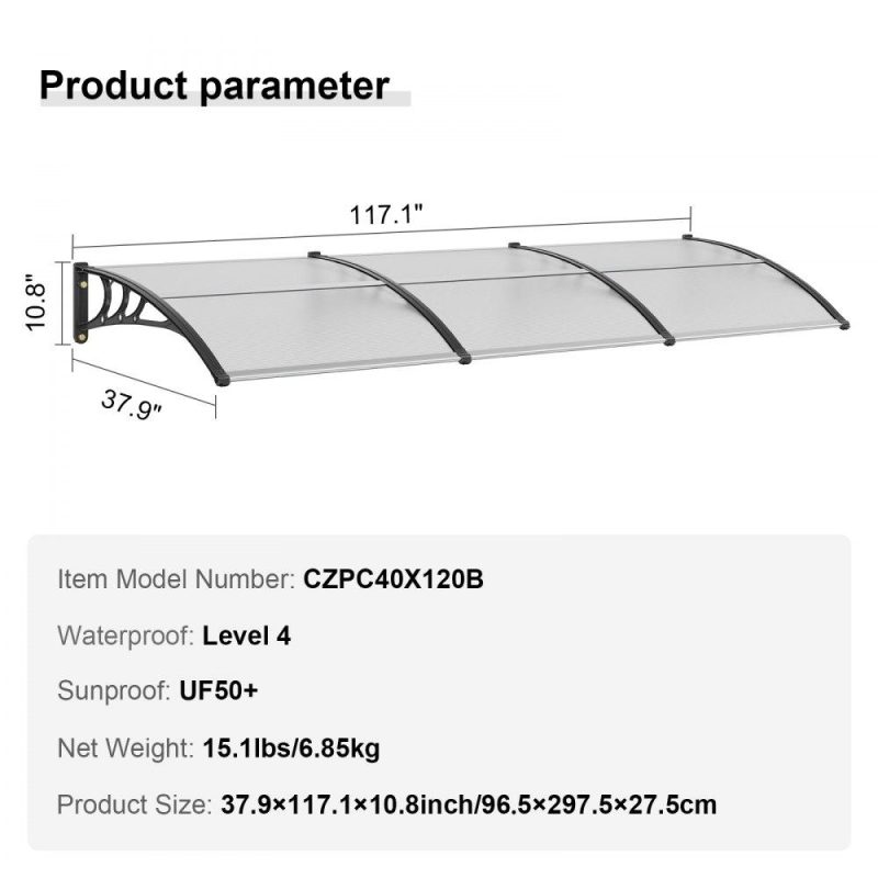 Patio Furniture & Accessories | Window Door Awning Canopy, 120″ x 40″ Door Canopy Exterior, UF50+ PC Sunshade Sheet Awnings, Outdoor Patio Awning Sun Shade, Transparent, Waterproof, for Sun Shutter, UV, Rain, Snow Protection White Lawn & Garden Patio Furniture & Accessories