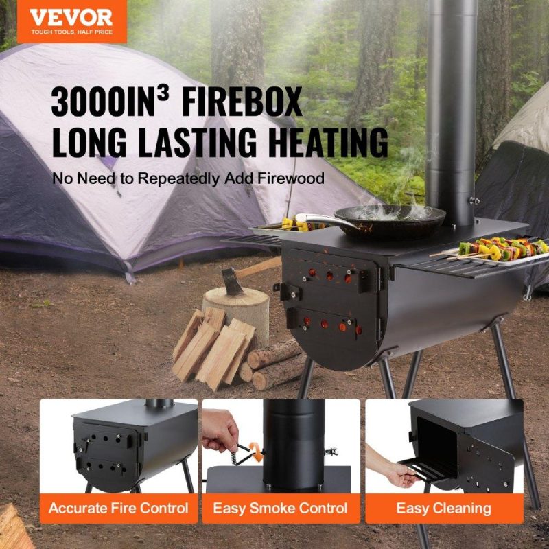 Patio Furniture & Accessories | Wood Stove, 118 inch, Alloy Steel Camping Tent Stove, Portable Wood Burning Stove with Chimney Pipes & Gloves, 3000in³Firebox Hot Tent Stove for Outdoor Cooking and Heating with 8 Pipes Lawn & Garden Patio Furniture & Accessories