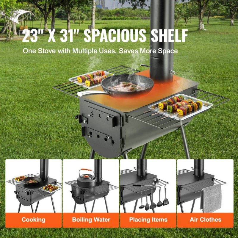 Patio Furniture & Accessories | Wood Stove, 118 inch, Alloy Steel Camping Tent Stove, Portable Wood Burning Stove with Chimney Pipes & Gloves, 3000in³Firebox Hot Tent Stove for Outdoor Cooking and Heating with 8 Pipes Lawn & Garden Patio Furniture & Accessories