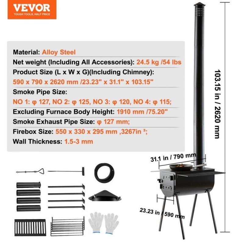 Patio Furniture & Accessories | Wood Stove, 118 inch, Alloy Steel Camping Tent Stove, Portable Wood Burning Stove with Chimney Pipes & Gloves, 3000in³Firebox Hot Tent Stove for Outdoor Cooking and Heating with 8 Pipes Lawn & Garden Patio Furniture & Accessories