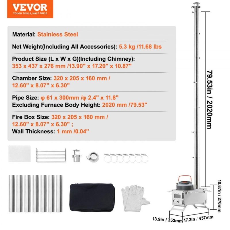 Patio Furniture & Accessories | Wood Stove, 80 inch, Stainless Steel Camping Tent Stove, Portable Wood Burning Stove with Chimney Pipes & Gloves, 700in³Firebox Hot Tent Stove for Outdoor Cooking and Heating with 8 Pipes Lawn & Garden Patio Furniture & Accessories