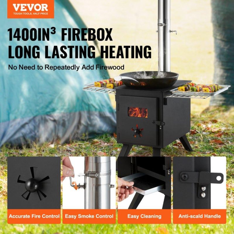 Patio Furniture & Accessories | Wood Stove, 86 inch, Alloy Steel Camping Tent Stove, Portable Wood Burning Stove with Chimney Pipes & Gloves, 1400in³Firebox Hot Tent Stove for Outdoor Cooking and Heating with 8 Pipes Lawn & Garden Patio Furniture & Accessories